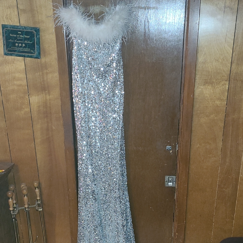 Sparkling Silver Sequin Prom Dress with Feather Trim
